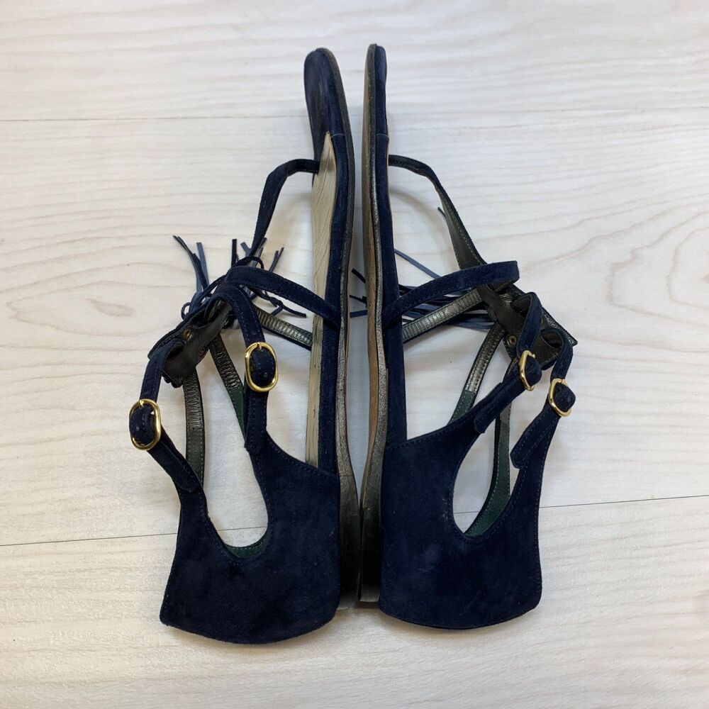 Tibi Fringe Thong Sandals Womens Size 9B Navy Blue Suede Leather - Picture 5 of 12